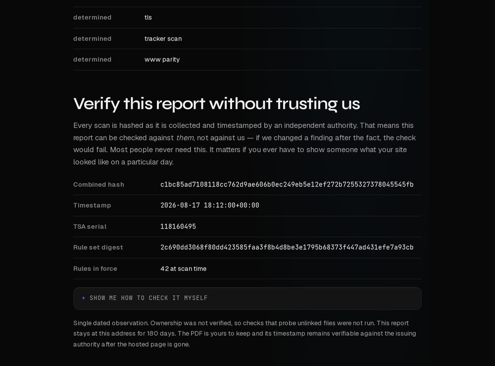 The verification section of the public record: combined hash, timestamp and authority serial number.
